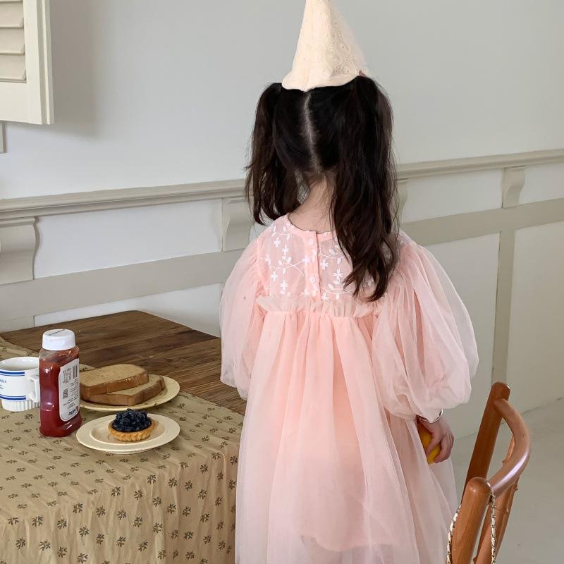 Kinder Kleidung Frühling Sommer Langarm Dünne Spitze Tüll Kleid Koreanischen Stil Mädchen Prinzessin Mode Süße Fee Mesh Kleider