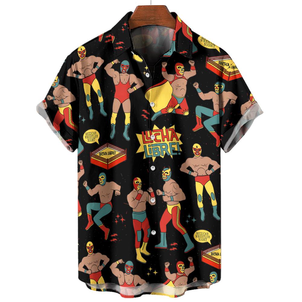 Camisa de Playa Casual de Moda Patrón 3D de Luchador Camiseta Retro Manga Corta Vacaciones al Aire Libre Camisa para Hombre y Mujer