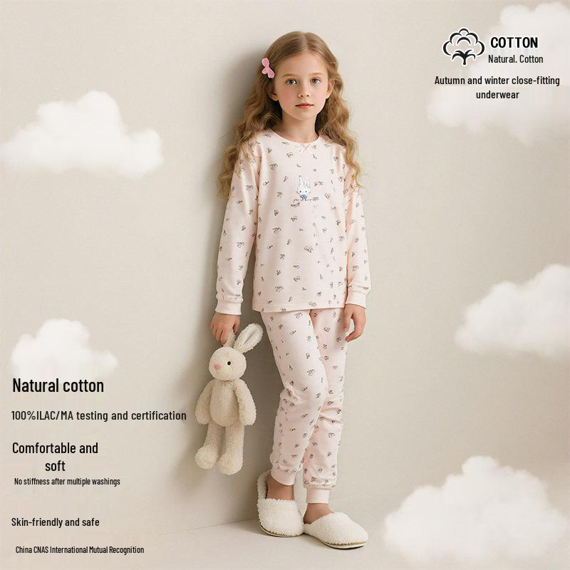 Baumwoll-Langunterwäsche-Set für Mädchen - Herbst/Winter Thermopyjama, Hauskleidung, Basisschicht für ältere Kinder