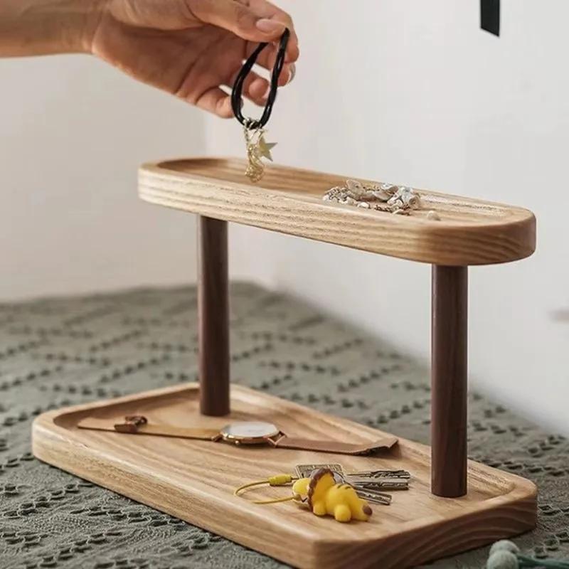 1 Pcs Wooden Double-layer Tray Storage Rack Desktop Cosmetics Storage Rack Jewelry Display Racks Household Key Storage Tray A