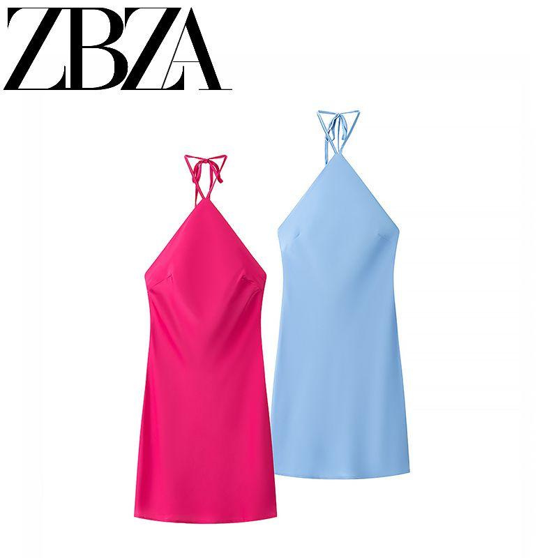 Zab Autumn New Women clothes Western Style French style Hanging Neck Satin Dress