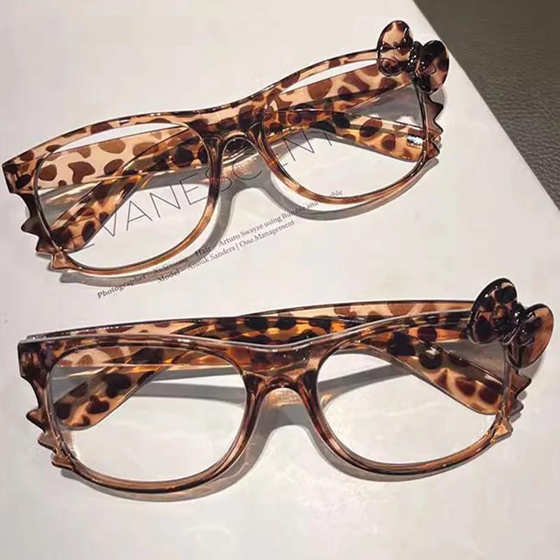 Hot Girls Leopard Print Bow Myopia Glasses Women Fashion Vintage Cartoon Cute Large Oval Frame Eyeglasses Eyeglass Frames