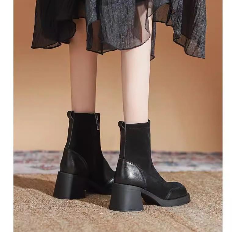 Small Heel Elastic Thin Boots Women's 2025 Autumn and Winter New Thick Heel Short Boots French Socks Boots Martin Boots