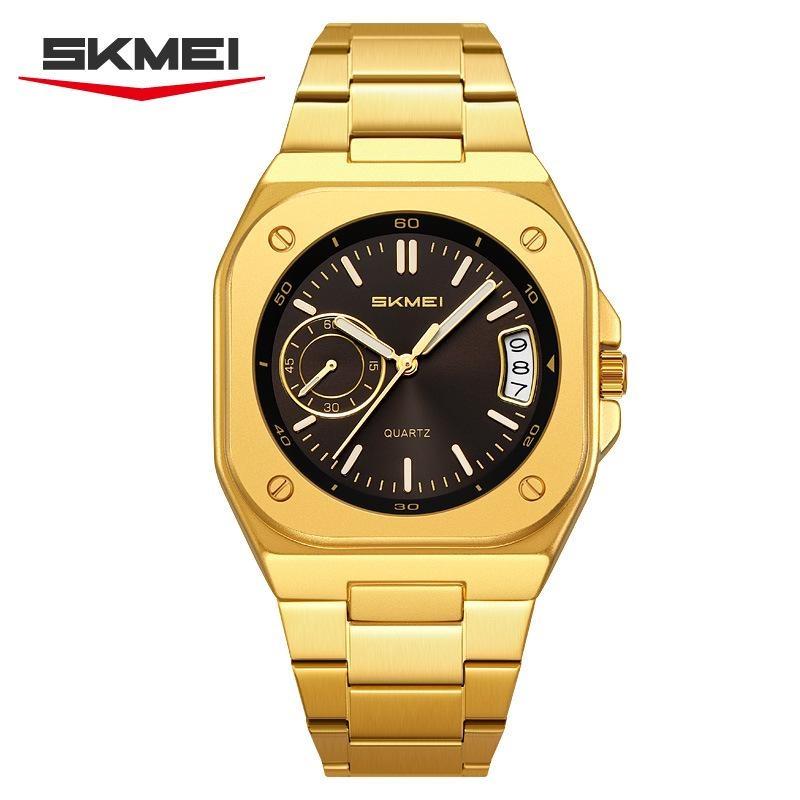 Mens Analog Quartz Wrist Watch Waterproof Luminous Dial Calendar Window Steel Band Square Dress Watches