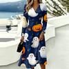 Damska sukienka z nadrukiem na Halloween, z dekoltem V i długim rękawem, z kieszeniami