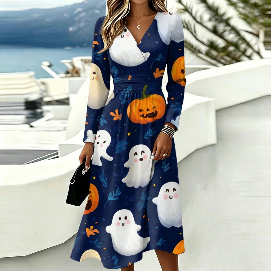 Damska sukienka z nadrukiem na Halloween, z dekoltem V i długim rękawem, z kieszeniami