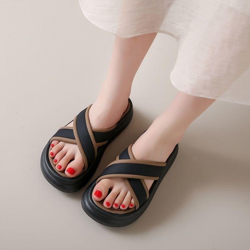Soft Leather Slippers Women Wear 2025 New Summer Internet Celebrities Thick Bottom Breathable Non-slip Soft Bottom Women's Word Slippers