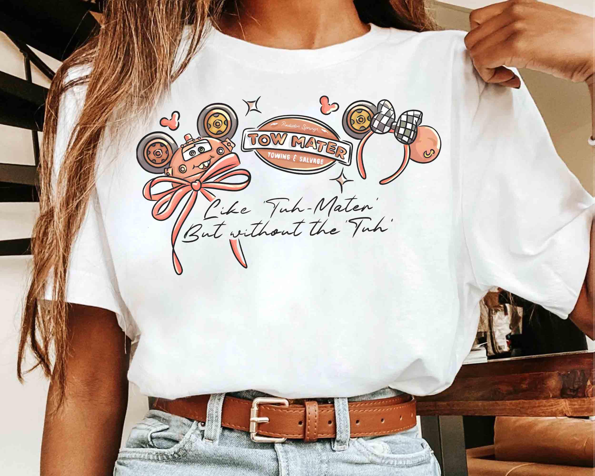 Watercolor Coquette Bow Tow Mater Towing And Salvage Shirt Pixar Cars Tee land Halloween Girl Trip S