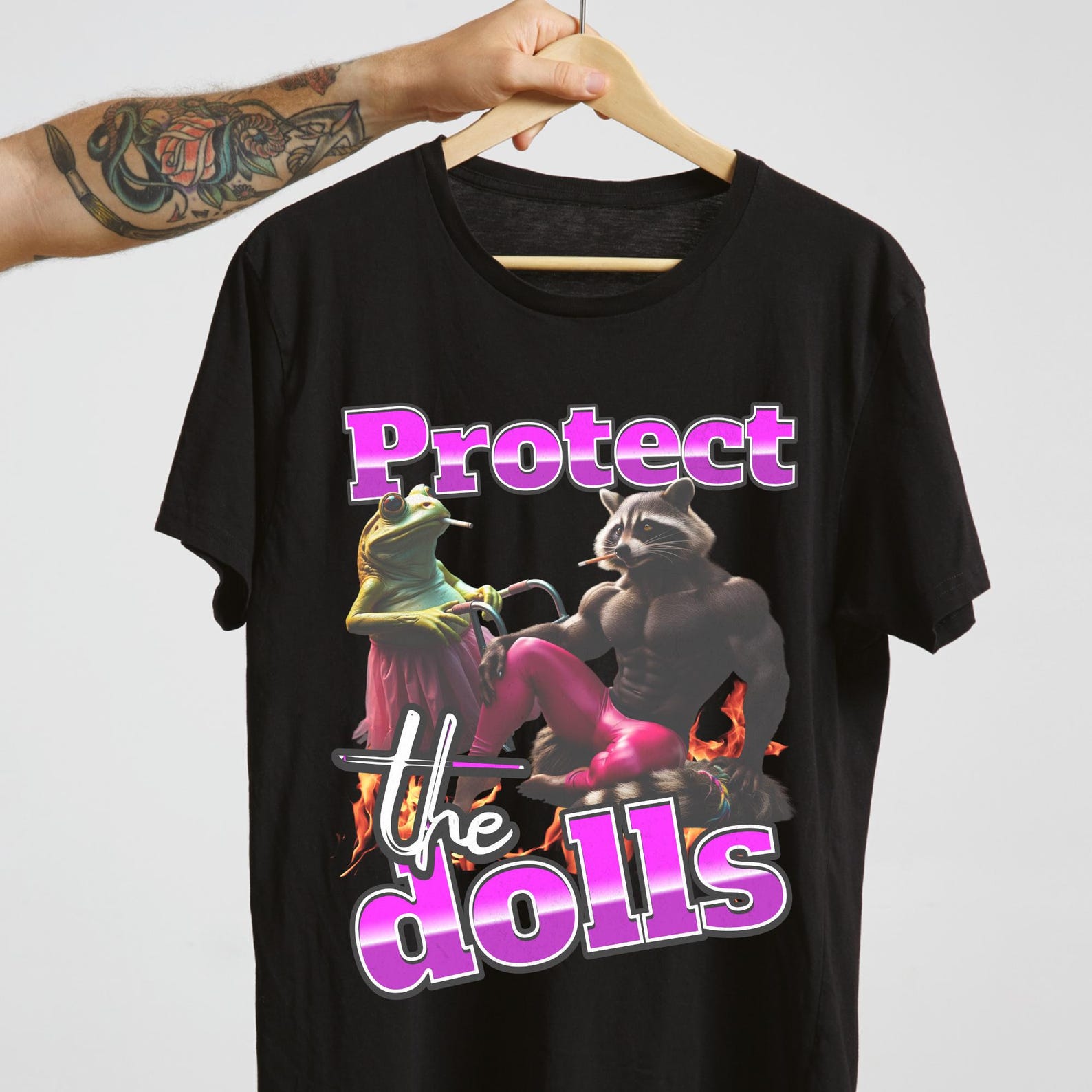 Protect the Dolls T-Shirt: Funny Raccoon Meme Tee L