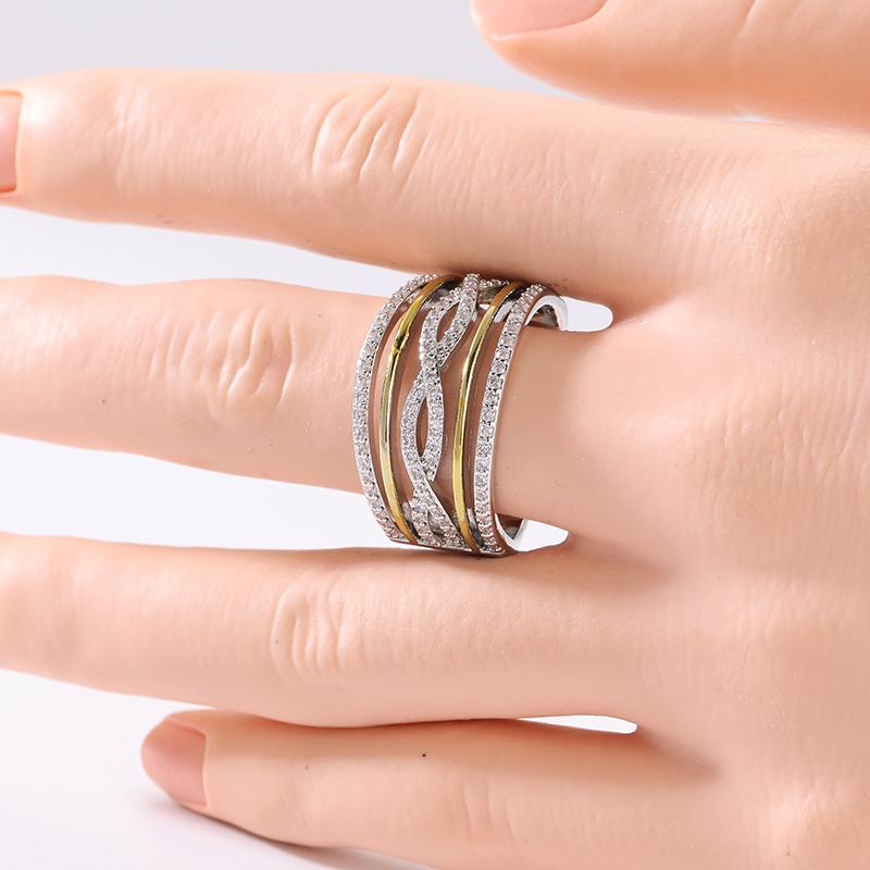 Sparkling Inlaid White CZ Women's Ring Trendy Two Color Geometry Daily Wear Party Jewelry Anniversary Gift