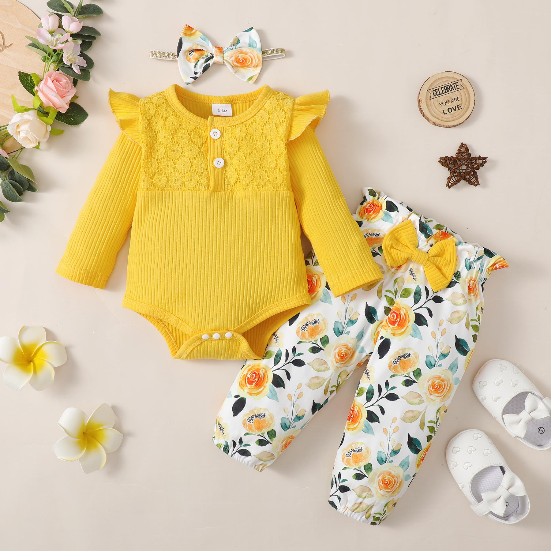 Ensemble de 3 pièces pour bébé fille Combinaison à manches longues Haut + Pantalon à fleurs + Bandeau Printemps et Automne Jolie tenue pour petite fille 0-18 mois 0-3M yellow