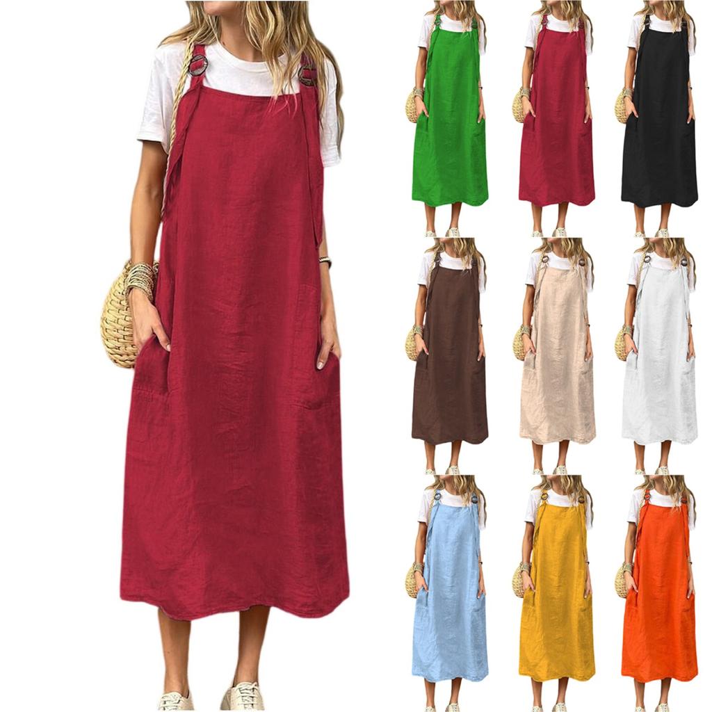 Women's Fashionable Color Square Neck Adjustable Shoulder Strap Casual Cotton And Linen Long Dress
