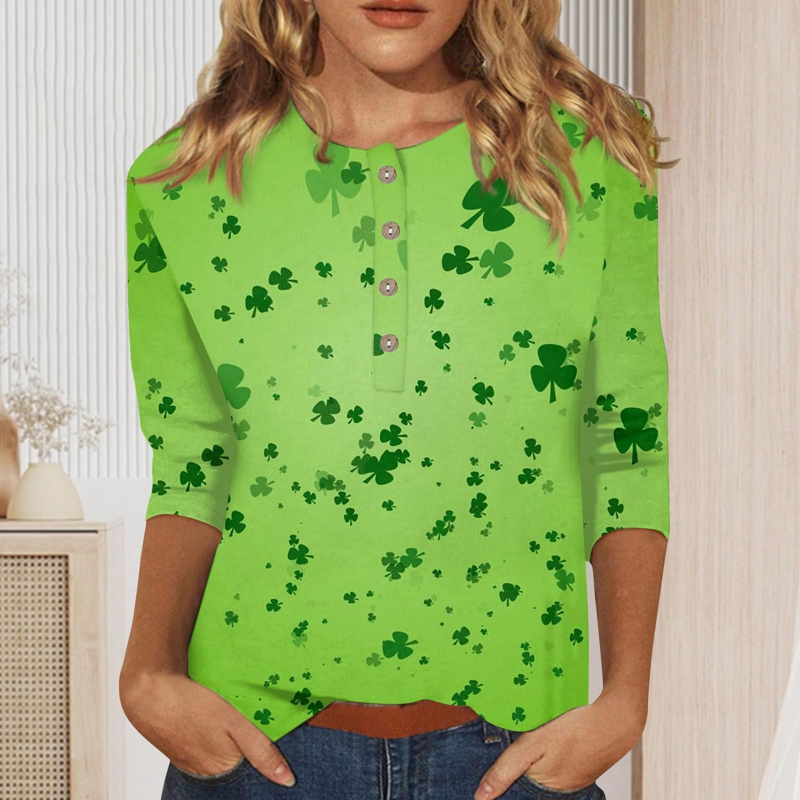 

Женская мода Повседневная новая пуговица с круглым вырезом и рукавами 3/4 Свободная футболка с принтом Женский топ L