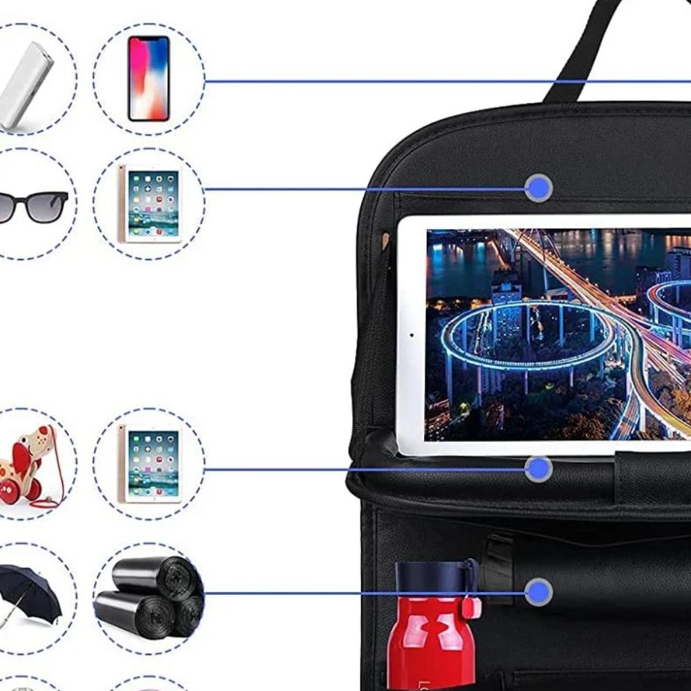 Car Seat Back Organizer with Foldable Table Tray PU Leather Storage Organizer Pockets Kick Mats Seat Interior Accessories