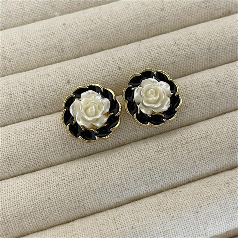 Korean Unique Camellia Black White Stud Earrings for Women Piercing Ear Jewelry Pendientes Earring