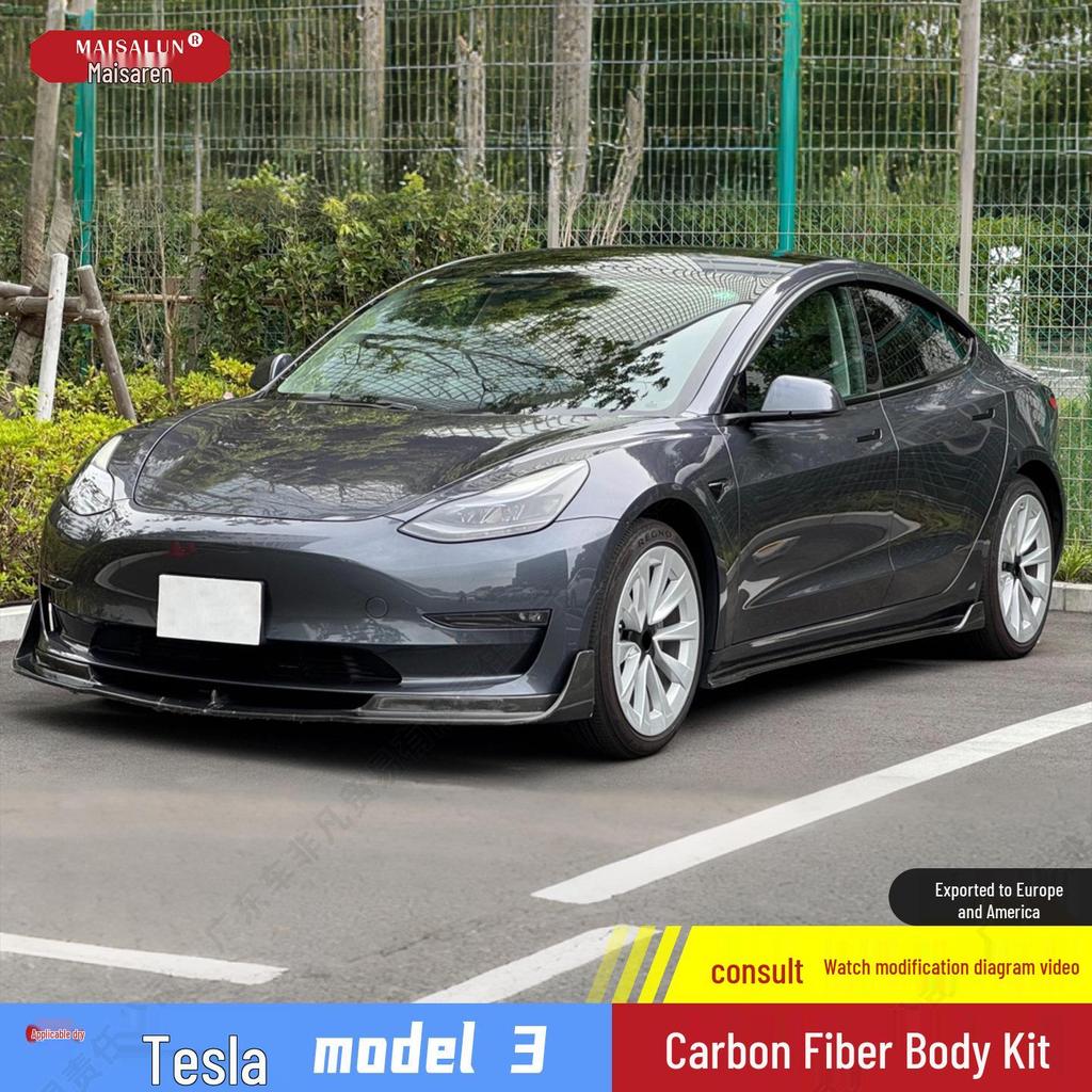 Tesla Model 3 V Style Carbon Fiber Front Lip & Side Skirts Kit