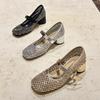 European Station Women's Shoes 2025 Summer New Rhinestone Hollow Breathable Mesh Thick Heel Word with Mary Jane Low Heel Sandals