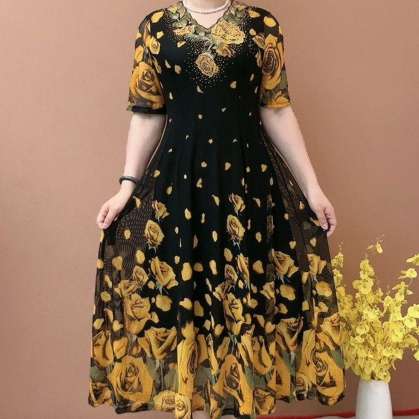 High-end Summer Women's Floral Dress Embroidered Stretch V-neck Dress Plus Size Long Dress