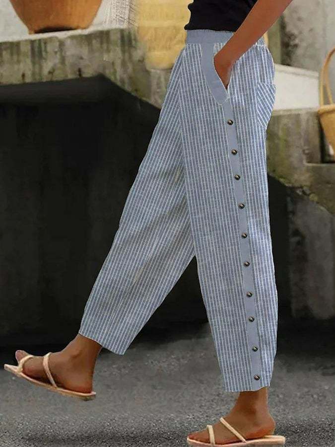 Women s Elastic Waist Striped Ankle Pants Tapered Leg Casual Button Side Pocket Trousers S синий