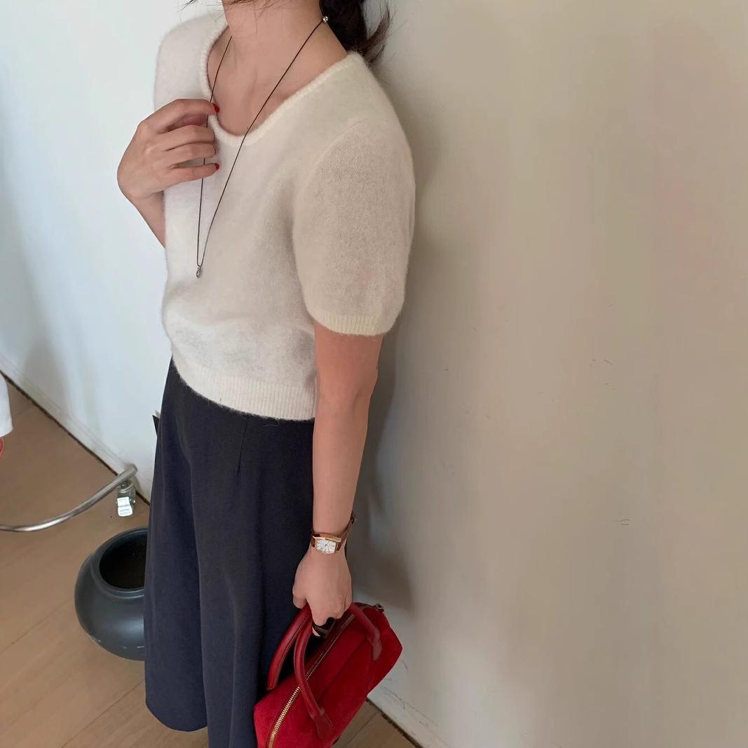 

Женский приталенный шерстяной пуловер с коротким рукавом - Шикарная весенняя мода Small белый