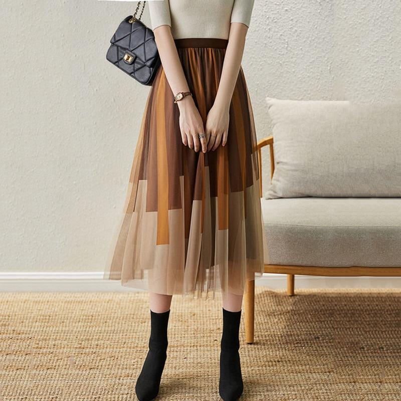 

Qooth женская сетчатая юбка с принтом клавиш фортепиано, элегантная длинная юбка трапециевидной формы средней длины с высокой талией на весну и лето QT2063 M коричневый