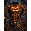 Halloween 3D Muscle Pumpkin Graphic T-Shirt, Spooky Jack-o'-Lantern Vine & Leaf Print Top, Autumn Horror-Themed Streetwear Tee
