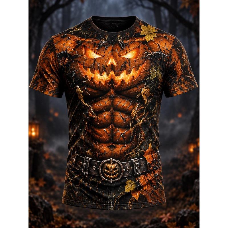 Halloween 3D Muscle Pumpkin Graphic T-Shirt, Spooky Jack-o'-Lantern Vine & Leaf Print Top, Autumn Horror-Themed Streetwear Tee