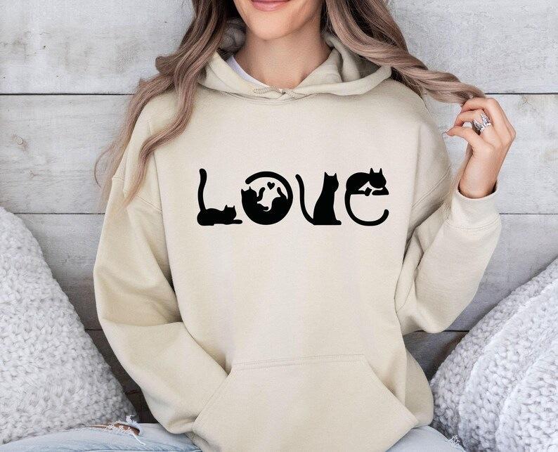 Autumn And Winter Love Cat Pattern, Printed Long-Sleeved Top Trendy Fashion Women'S Hooded Sweater