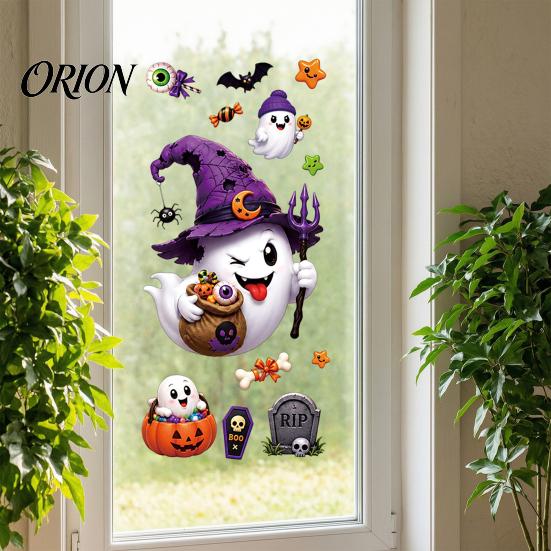 PVC Window Scenery Halloween Witch Hat Ghost Clings, Spiders Bat Pumpkin Spooky Festive Party Glass Supplies Stickers for Home Holiday Store