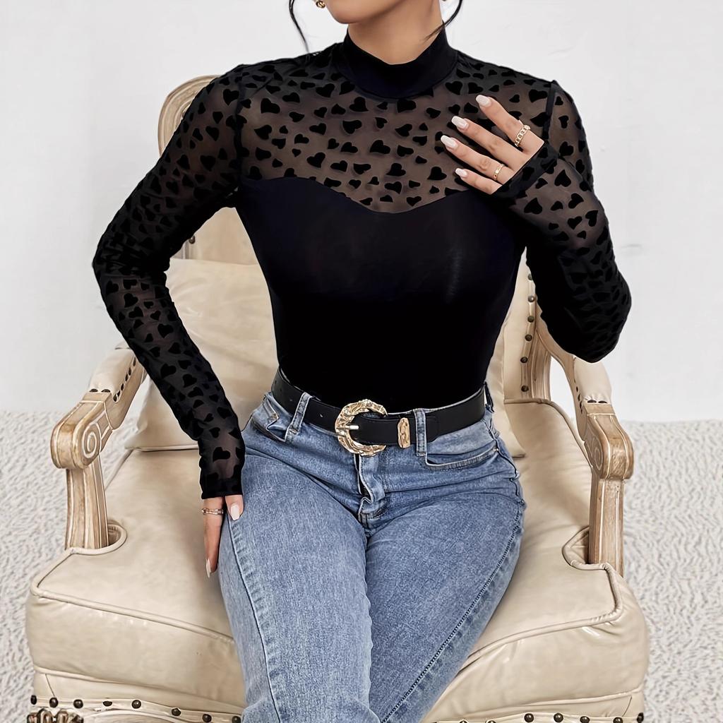 Spring Mesh Patchwork Long Sleeve Slim Base Layer T Shirt Top Women Fashion Daily Basic Office Lady Casual Slim Fit Ladies Elegant Top