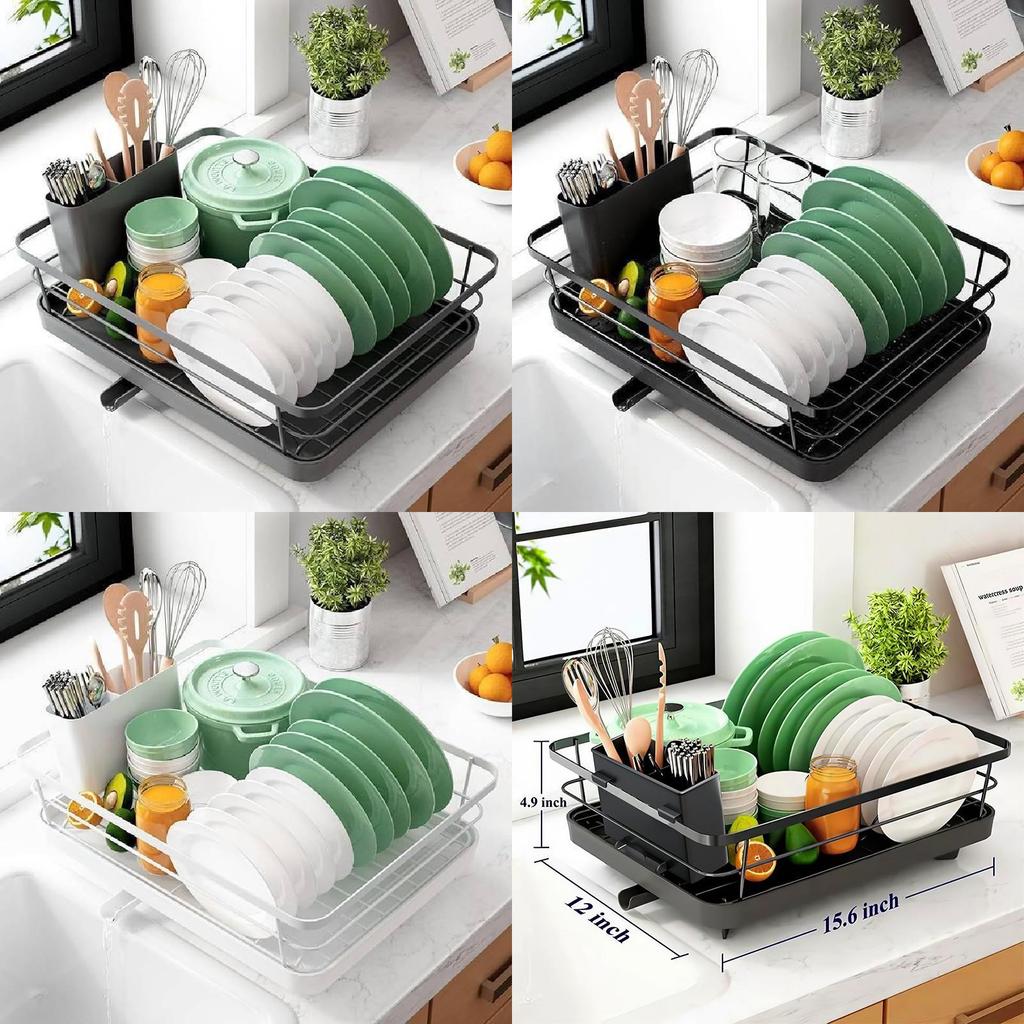 Modern Minimalist Water Drainage Dish Rack With Divided Storage For Kitchen Countertop Use