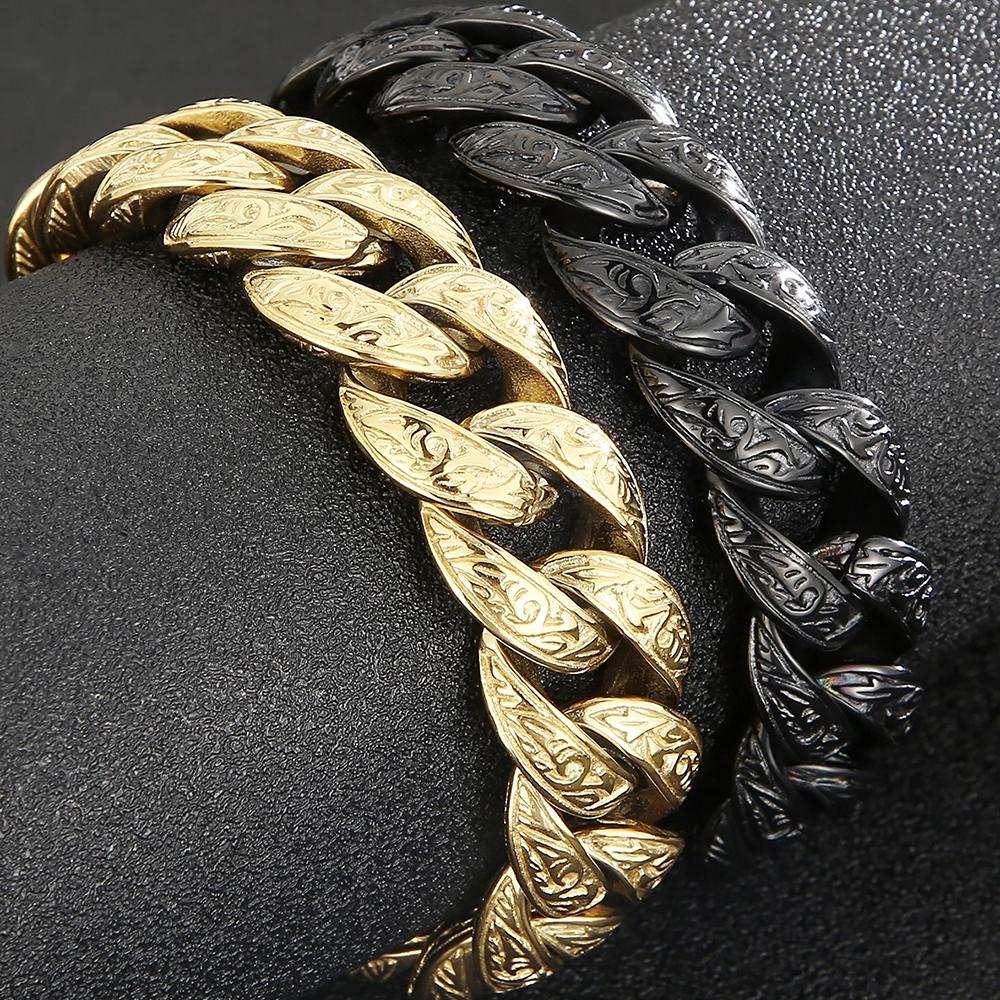 Vintage Black Gold Color Cuban Link Chain Bracelet for Men Solid Stainless Steel Men's Bracelets Birthday Gifts for Dad Husband Him
