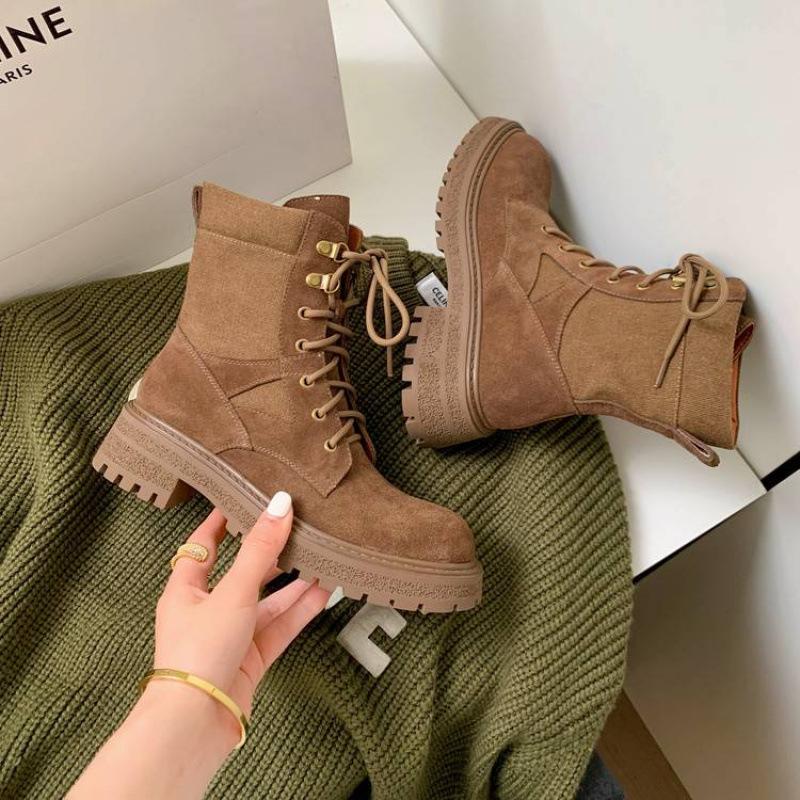 New women's leather boots leather lace-up thick-soled non-slip low boots autumn and winter mid-heel square heel cowhide Martin boots women