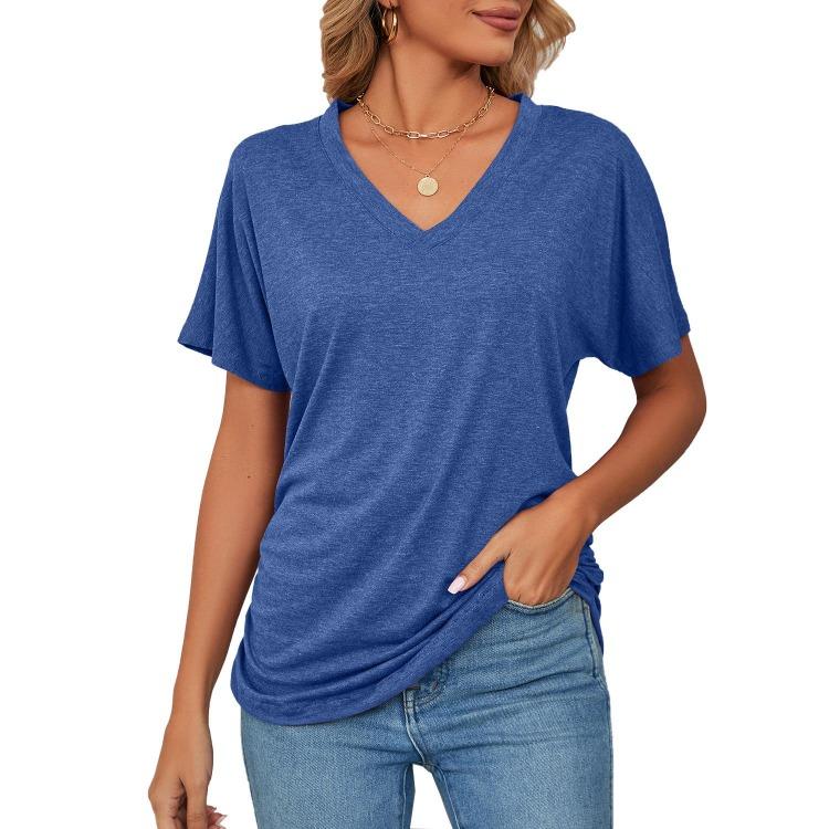 Summer New Casual V-neck Pullover Solid Color Loose T-shirt Women's Top European American