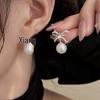 Korean Elegant Rhinestone Pearl Bow Drop Earrings for Women