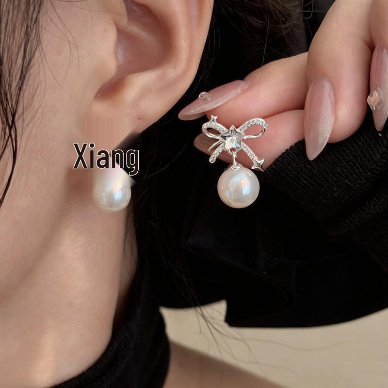 Korean Elegant Rhinestone Pearl Bow Drop Earrings for Women