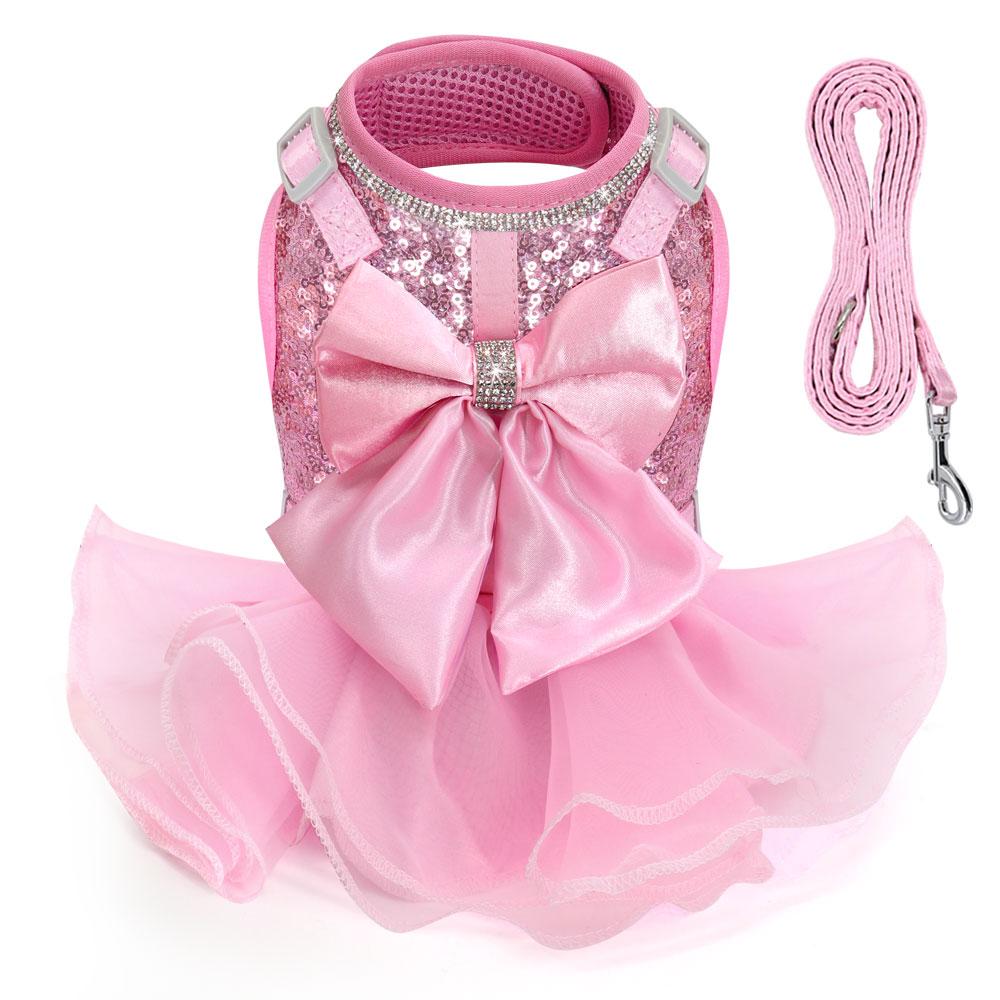 

Pink Cat Dress Small Dogs Cats Summer Dresses With Cute Bowknot Bling Rhinestone Accessories Nylon Pet Vest Harness and Leash S розовый