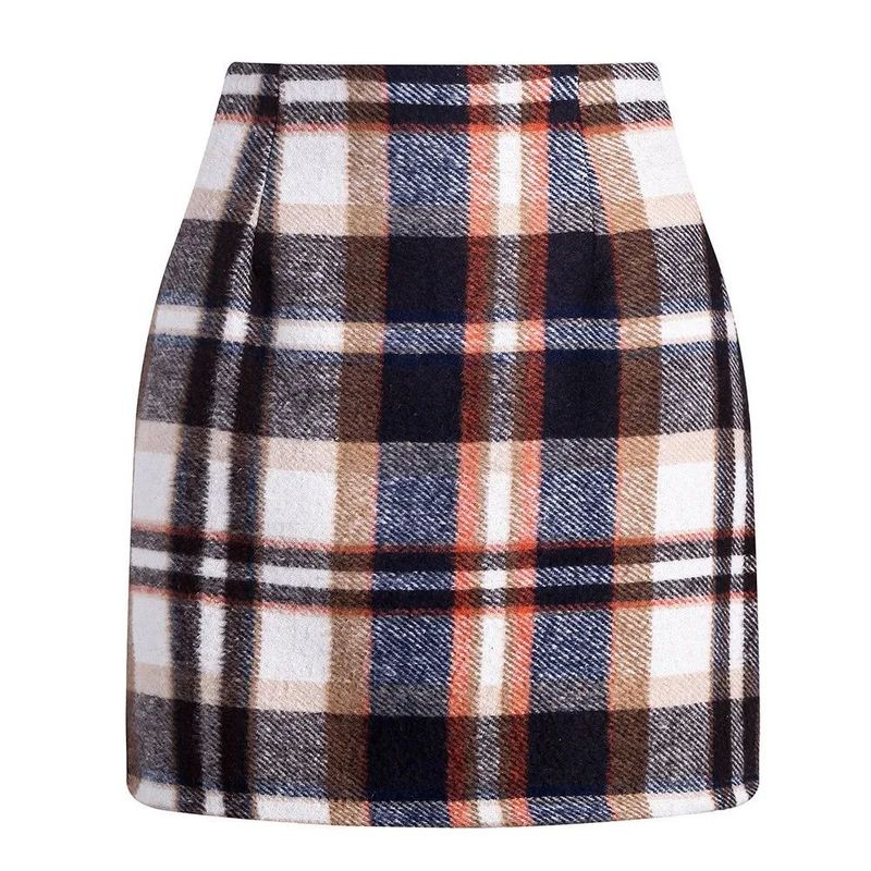 

High Waisted Plaid Pencil Mini Skirt High Waist Gingham Pencil Sheath Mini Skirt BROWN S