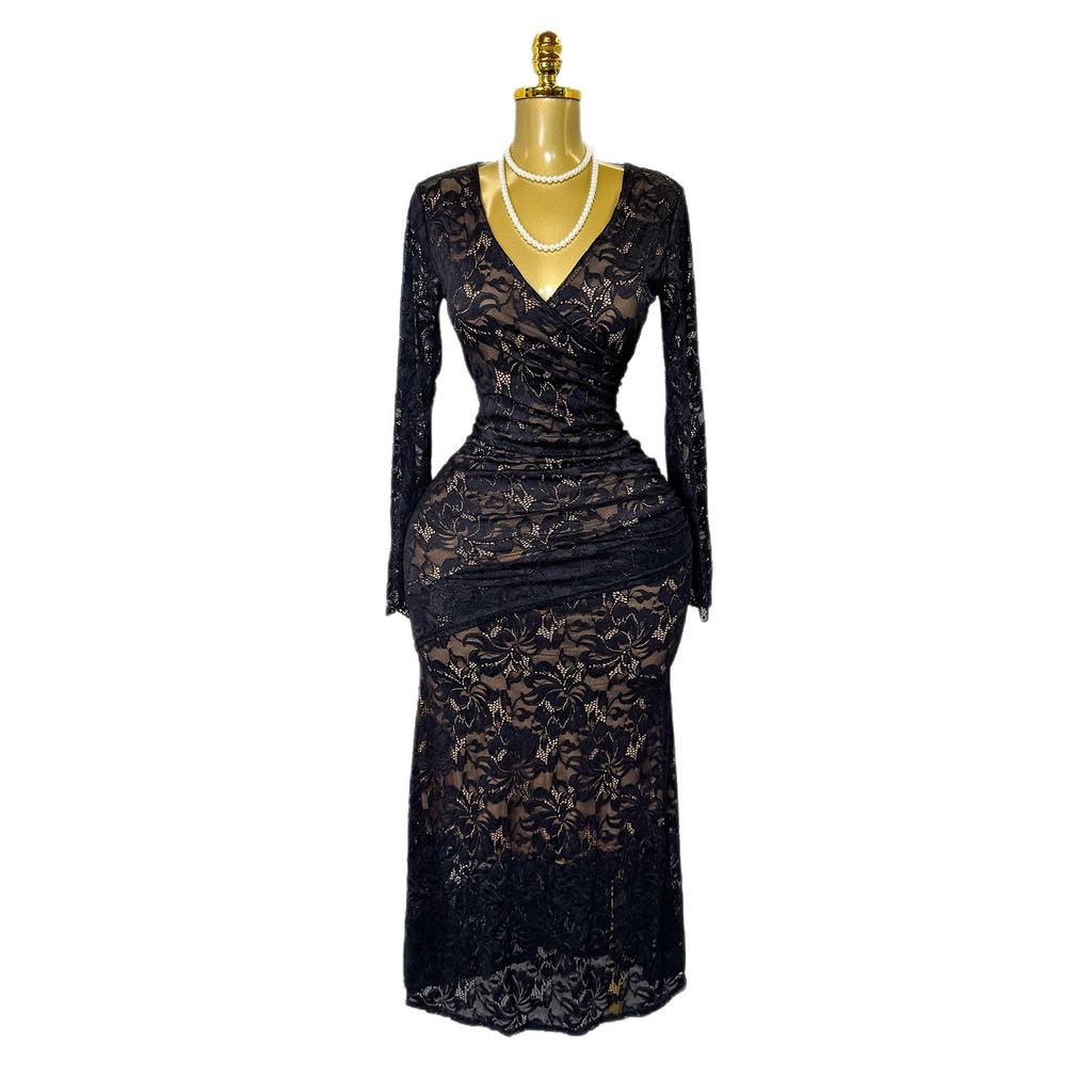 Autumn French Elegant Sexy Lace Hollow V-Neck Long Sleeve Waist Skinny Fishtail Dress Long Dress Women