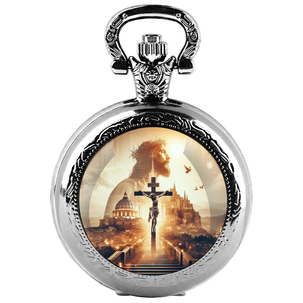 

Easter He Is Risen Design Glass Dome Pocket Watch Arabic Numerals Quartz Watch With Chain Easter Gift