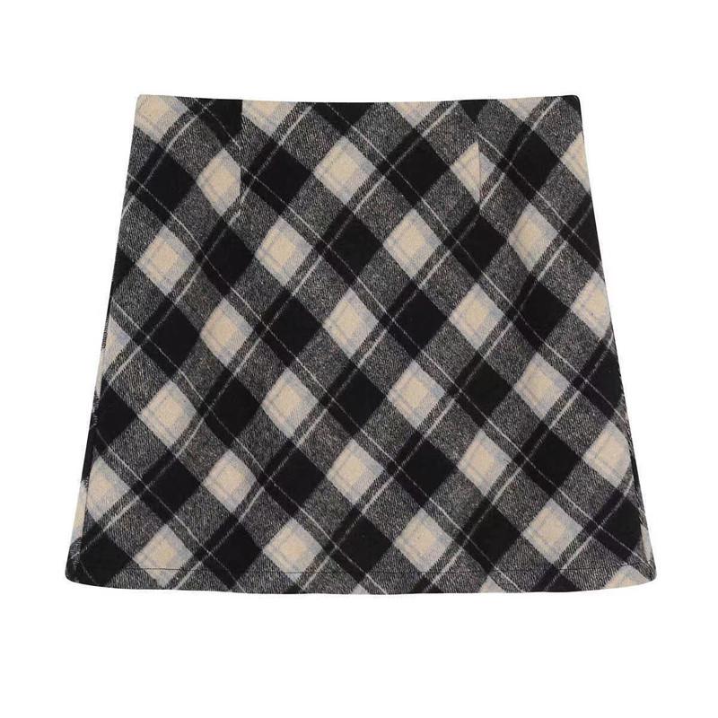 Women's 2025 Retro High-Waist Wool Blend Plaid Mini Skirt - Petite Bodycon A-Line for Autumn/Winter