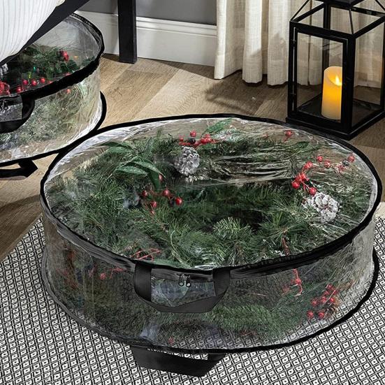 1/2 Pcs Garland Storage Bag Round PVC Transparent Dustproof Design Easy To Carry Handle Christmas Wreath Storage Bag