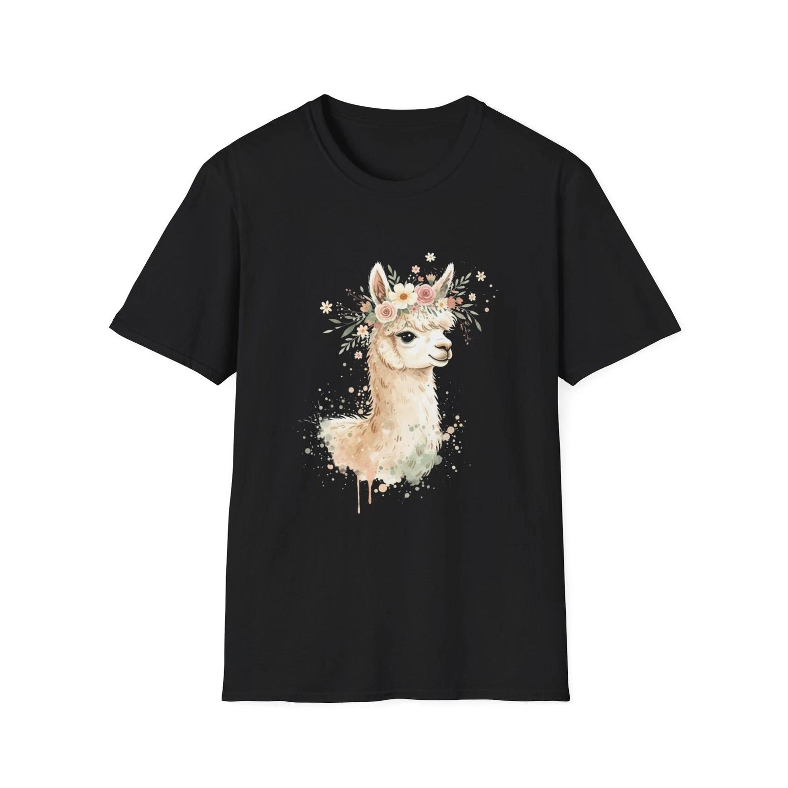 Llama Floral Watercolor Boho Black Tee Nature Pastel Graphic T-Shirt 3XL