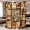 1pc Book Lover'S Delight Cozy Flannel Fleece Throw Blanket | Vintage Bookshelf Design, Soft, Warm, Perfect for Sofa or TV, Ideal Gift for Birthdays, H
