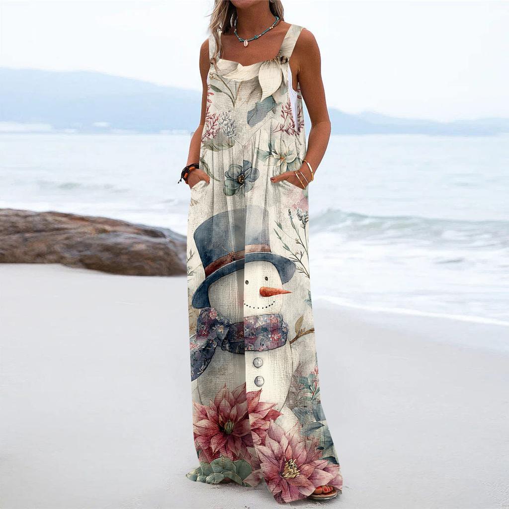 Women's Christmas Print Solid Wide Leg Strapless Tank Pocket Casual Onesie