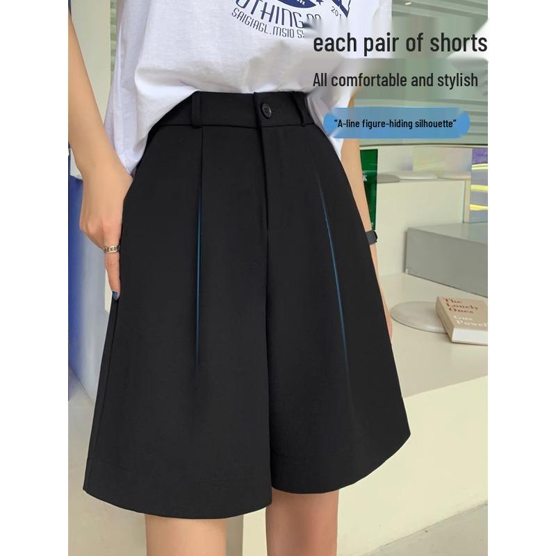 Women's High Waist Black A-line Casual Summer Shorts - Slimming, Loose Fit, Wide Leg, Mid-Length