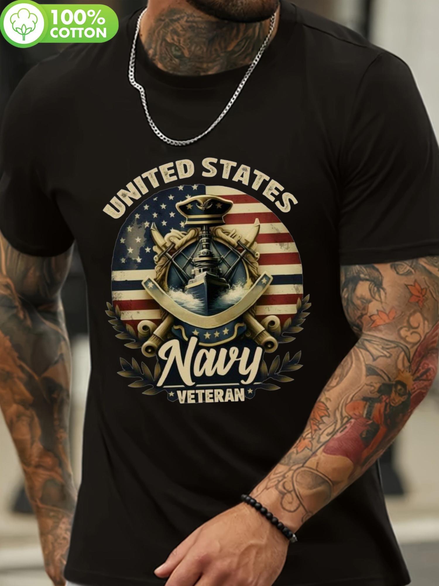 Heavyweight Cotton T-shirt - US Navy Veteran Art Tee with American Flag & Anchor Design XXXXL