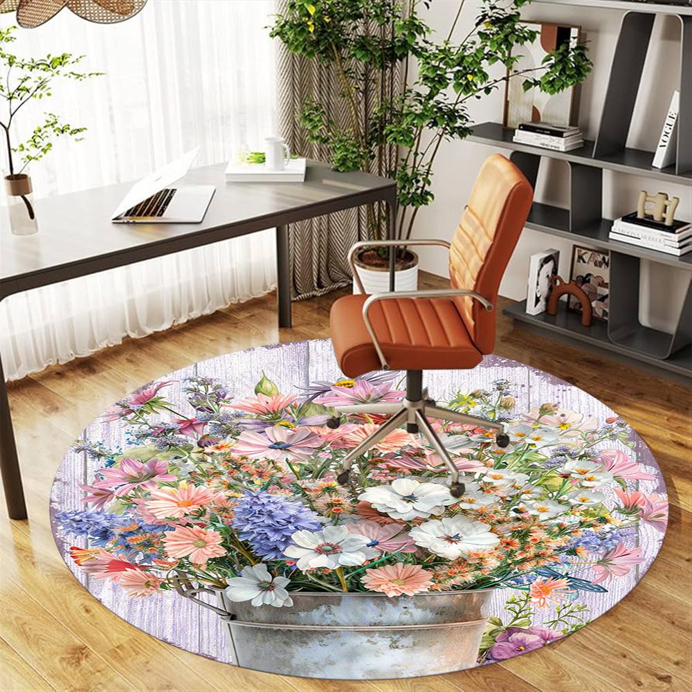 1PC Flowers Bucket Office Round Area Rug, Under Office Chairs Bedroom Living Room Home Decor, Carpet for Office -1110024