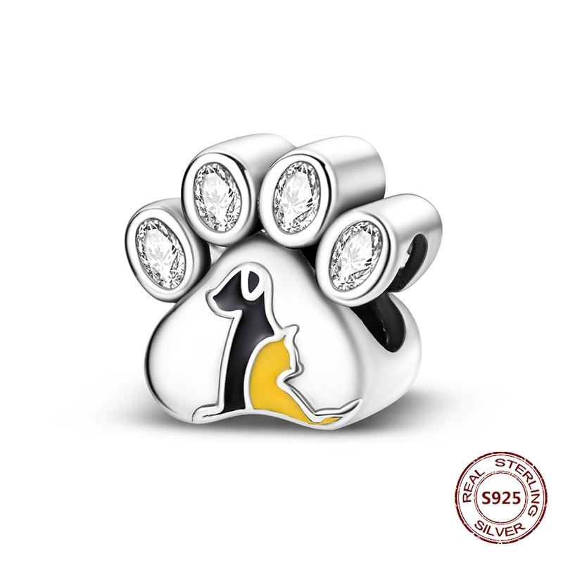 Copper Original Dog Cat Safety Chain Lazy Cat Pink Zircon Pet Paw Print Footprint Charms Fit Bracelet For Women Diy Jewelry