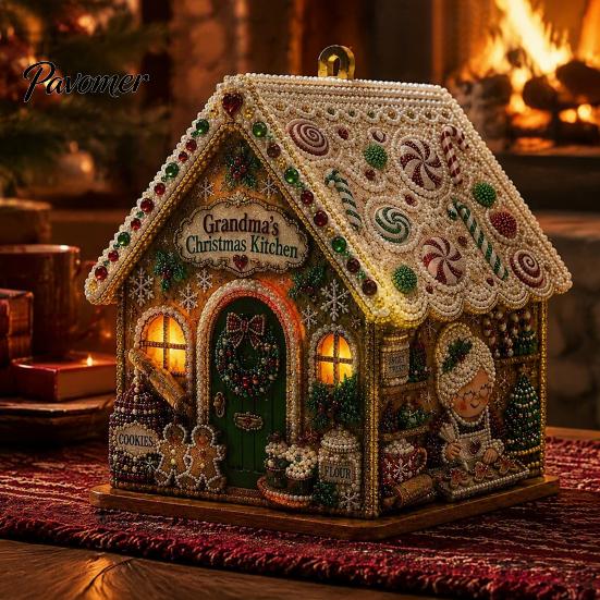 DIY Holiday Craft Set 3D House Christmas Faux Pearl Art Kit, Handmade Rhinestone Painting Kit Relaxing Activities for Adults Adults, Tabletop